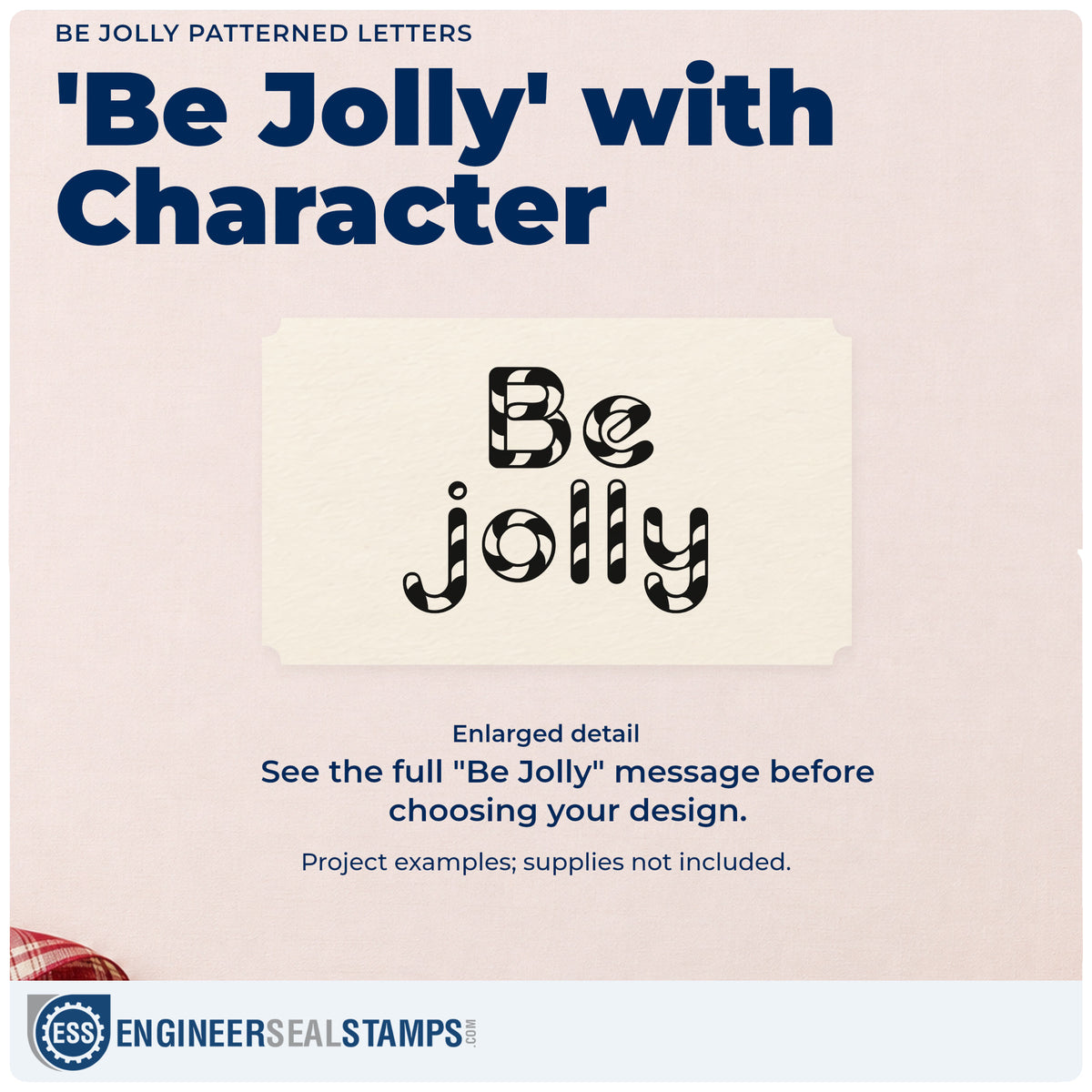 Enlarged detail of the Be Jolly Patterned Letters Lettering Stamp – PSI Pre-Inked imprint. “Be Jolly” appears in rounded letters filled with curved striped patterns.