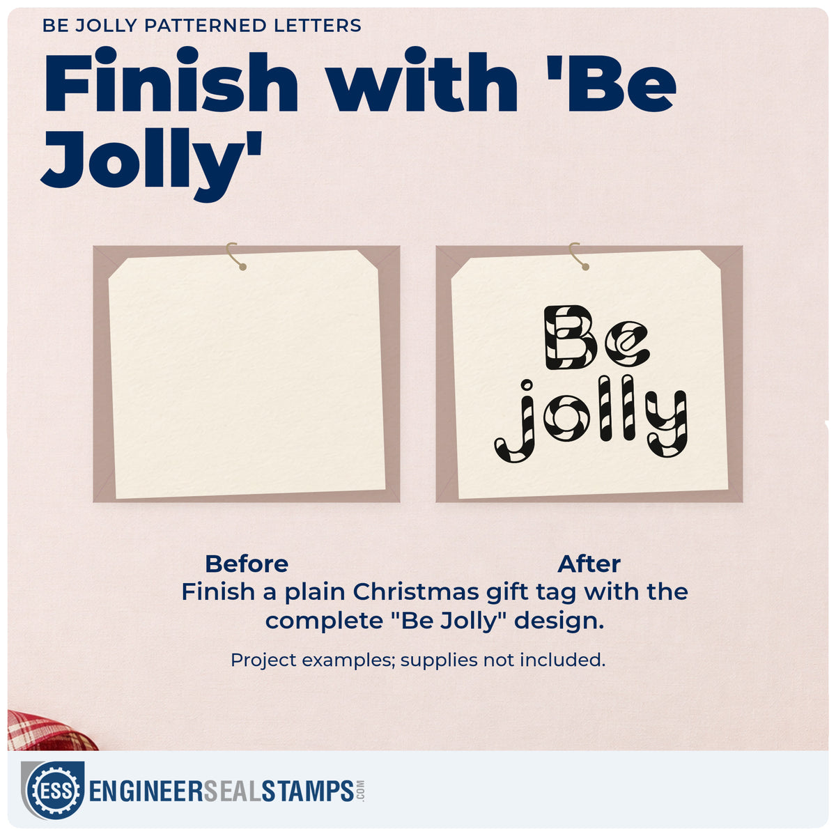 Before and after of a plain item finished with the Duo Hand Be Jolly Patterned Letters Lettering Rubber Stamp, a quick upgrade for framed counter back.