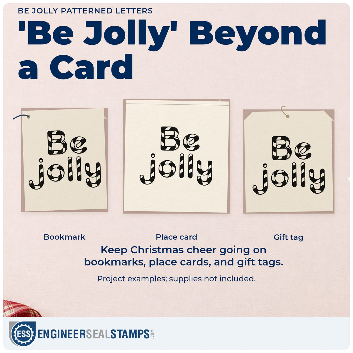Three project examples made with the Duo Hand Be Jolly Patterned Letters Lettering Rubber Stamp, including flavor menu sheet.