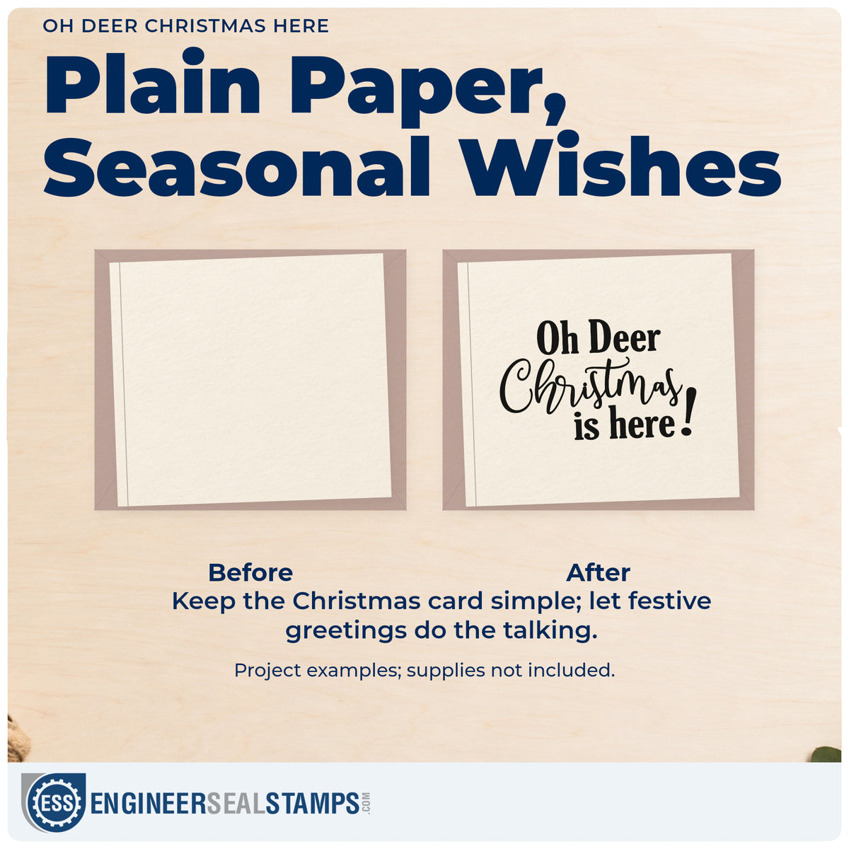 Before and after of a plain item finished with the Oh Deer Christmas Is Here! Stamp – Slim Pre-Inked, a quick upgrade for framed stockroom door.