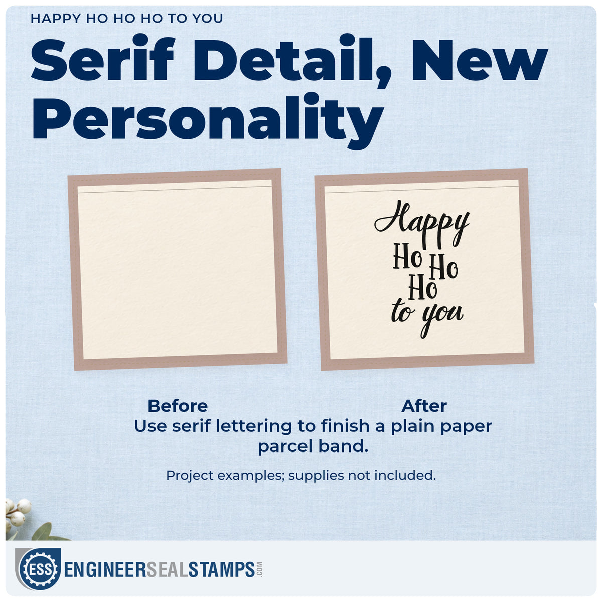 Before and after of a plain item finished with the Happy Ho Ho Ho To You Serif Lettering Pre-Inked Stamp – PSI, a quick upgrade for framed upright print.