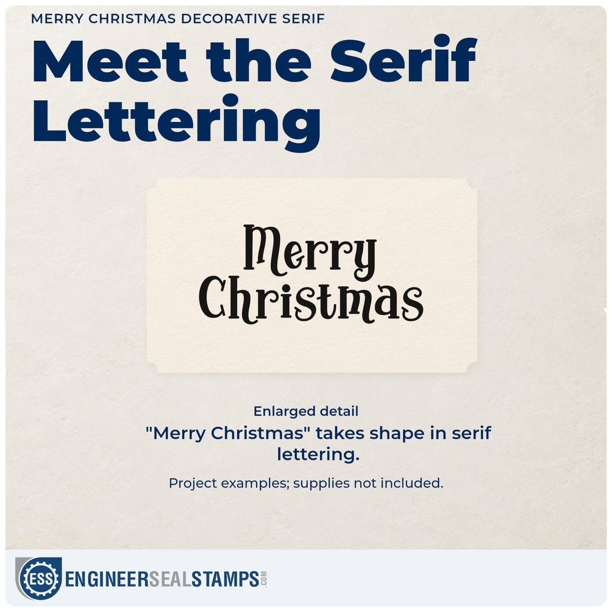 Enlarged detail of the Merry Christmas Decorative Serif Pre-Inked Stamp – Slim imprint. “Merry Christmas” appears in two rows of decorative serif letters.