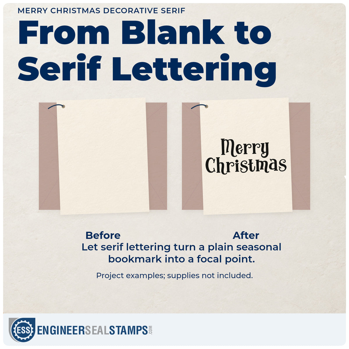 Before and after of a plain item finished with the Merry Christmas Decorative Serif Pre-Inked Stamp – Slim, a quick upgrade for framed library shelf.