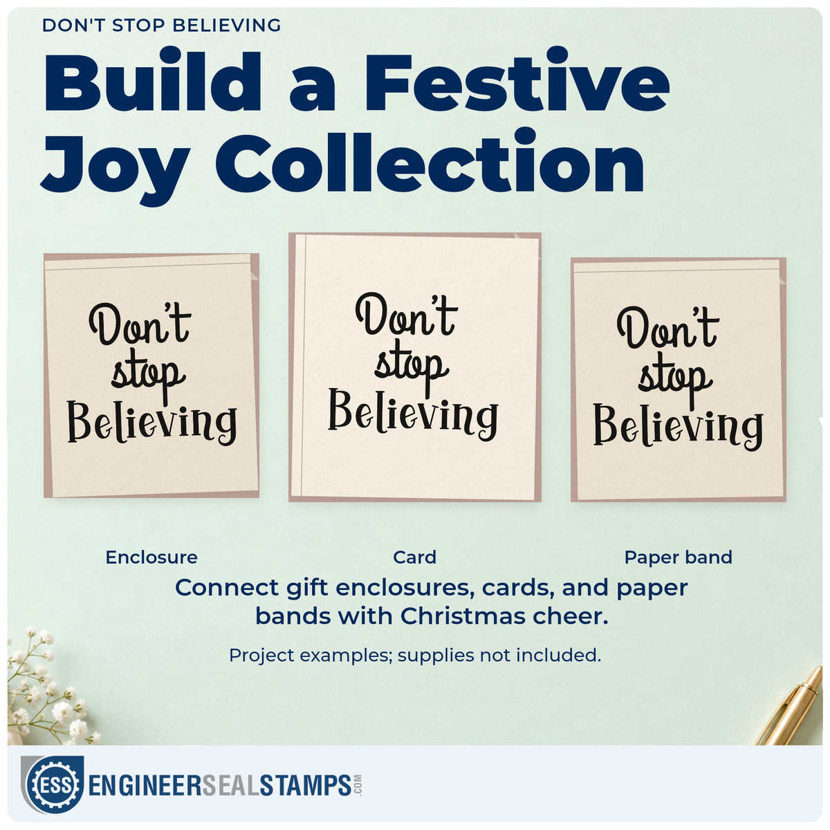 Three project examples made with the Don't Stop Believing Lettering Compact Pre-Inked Stamp – Slim, including goal tracker sheet.