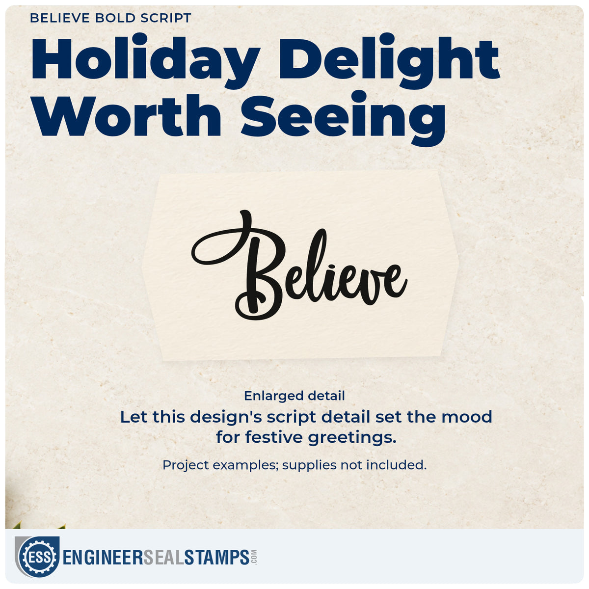 Enlarged detail of the Believe Bold Script Duo Hand Stamp imprint. Large flowing script reads “Believe” with an exaggerated looping capital B.