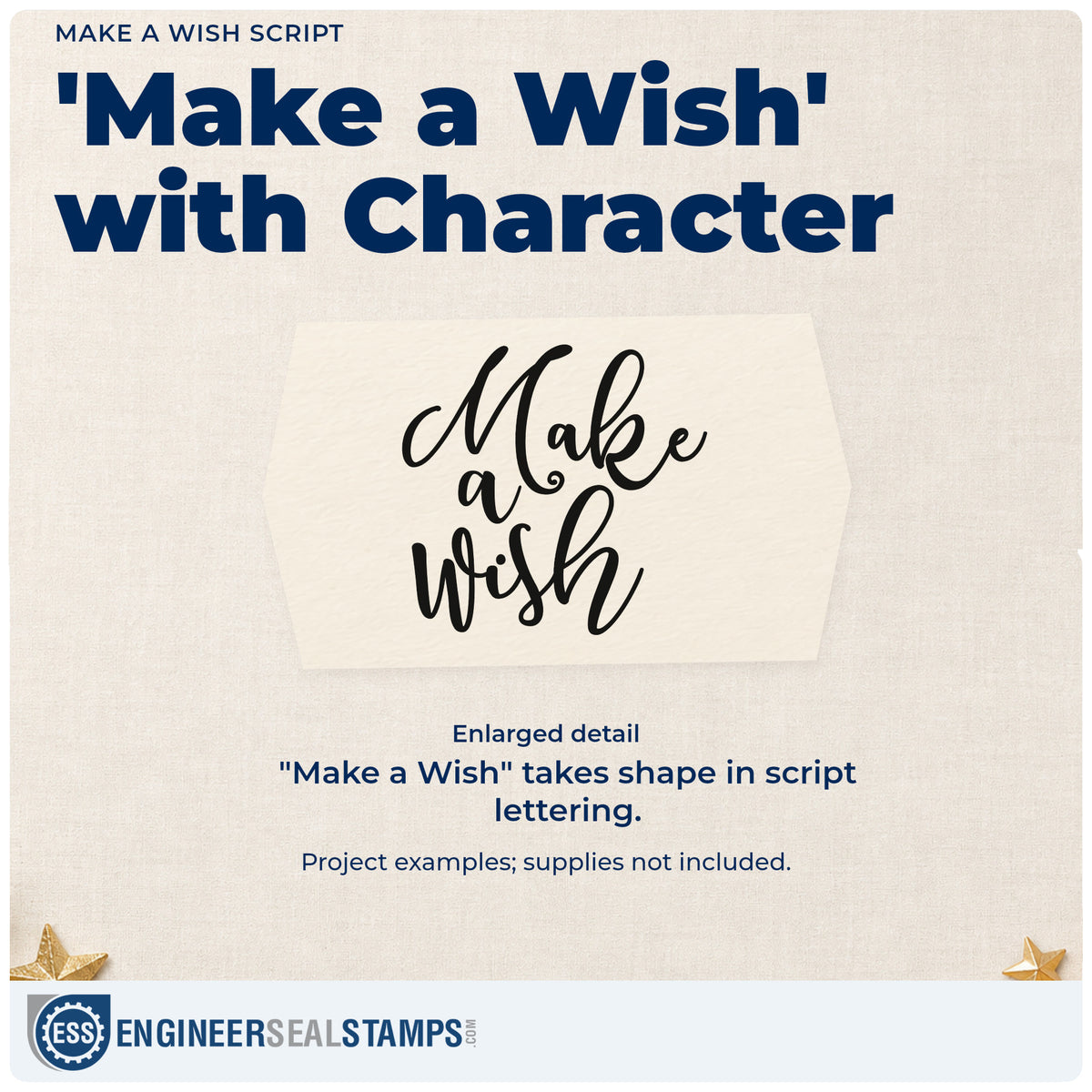 Enlarged detail of the Make A Wish Lettering Flourish Rubber Stamp – Duo Hand imprint. “Make a Wish” appears in large sweeping script.