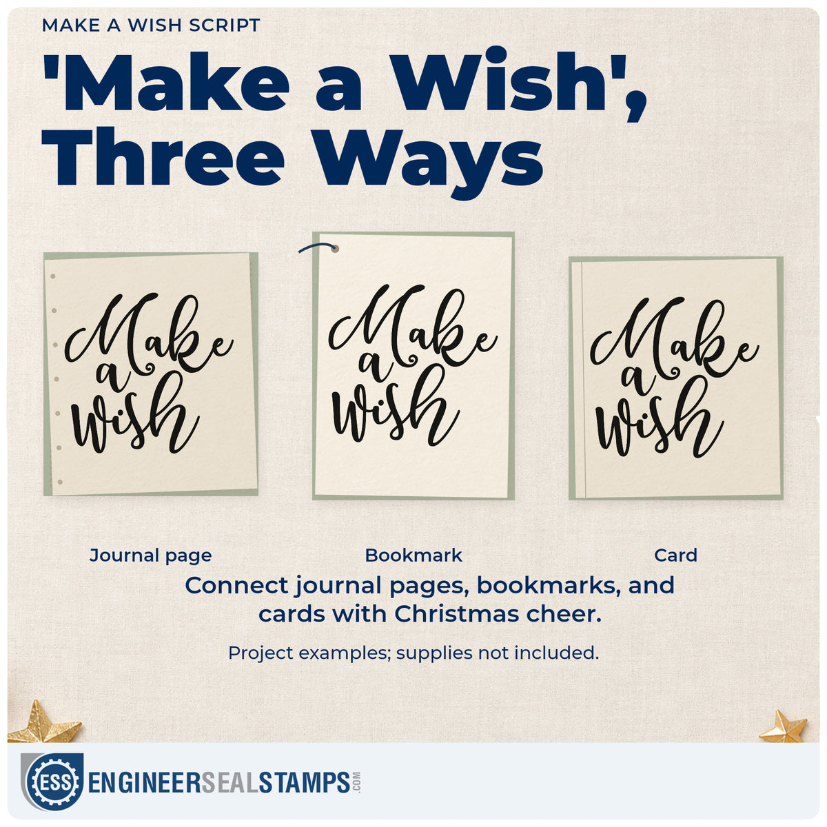 Three project examples made with the Make A Wish Lettering Flourish Rubber Stamp – Duo Hand, including wish list notepad.