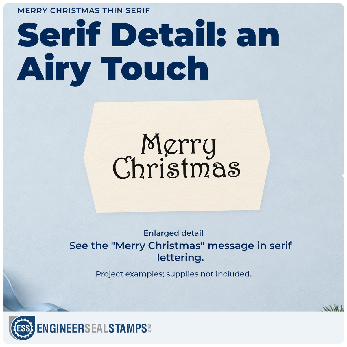 Enlarged detail of the Merry Christmas Thin Serif Hand Stamp – Duo imprint. “Merry Christmas” appears in two rows of thin decorative serif lettering.