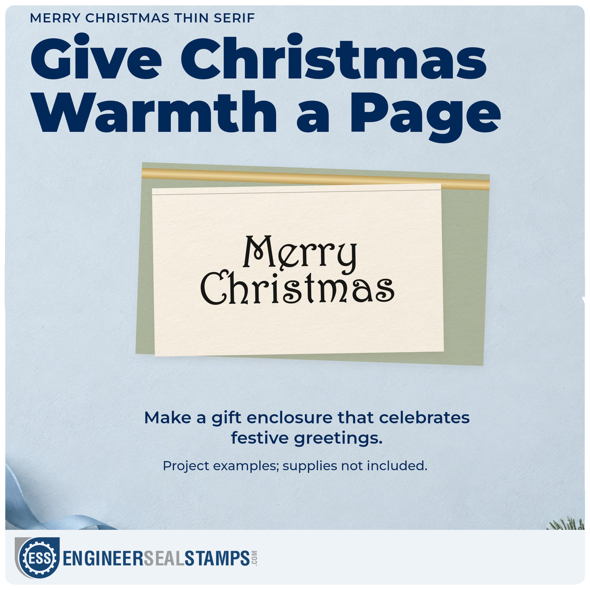 A finished handmade project stamped with the Merry Christmas Thin Serif PSI Pre-Inked Stamp, ideal for vellum album layer.