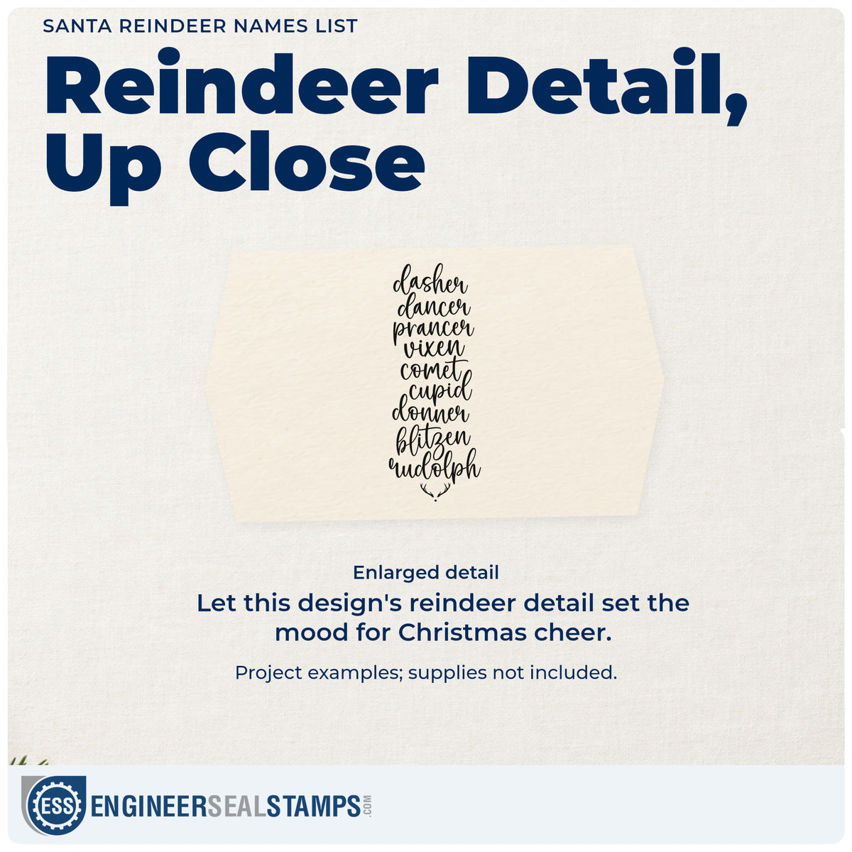 Enlarged detail of the Self-Inking Santa Reindeer Names List Antlers Stamp imprint. A narrow script list names Dasher, Dancer, Prancer, Vixen, Comet, Cupid, Donner, Blitzen, and Rudolph above tiny antlers.