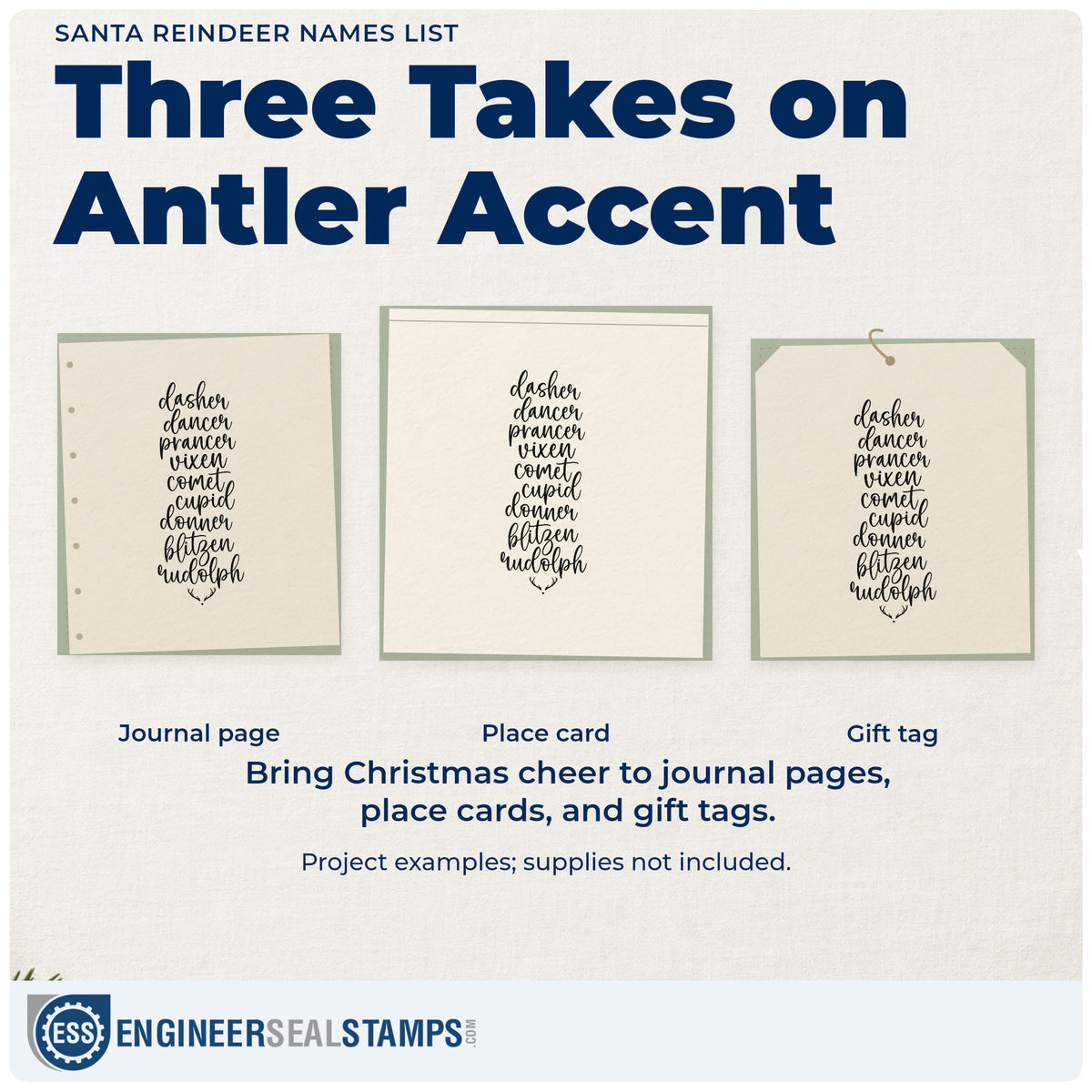 Three project examples made with the Santa Reindeer Names List Antlers Rubber Stamp – Wood Handle, including class roll sheet.
