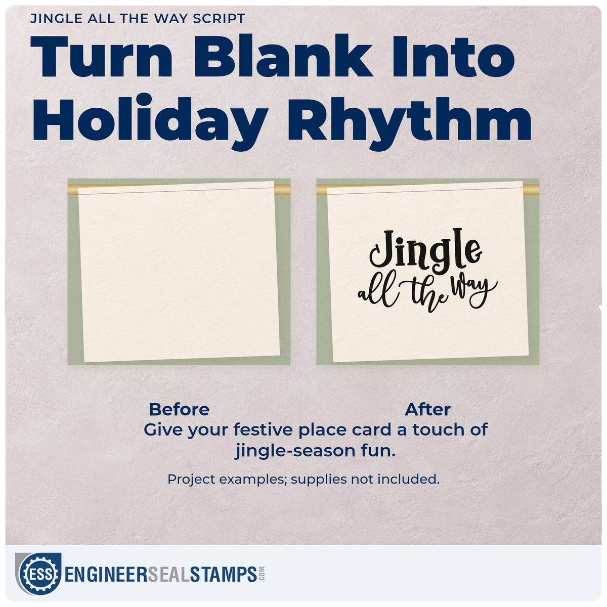 Before and after of a plain item finished with the Jingle All The Way Script Pre-Inked Stamp – Slim, a quick upgrade for framed workroom wall.