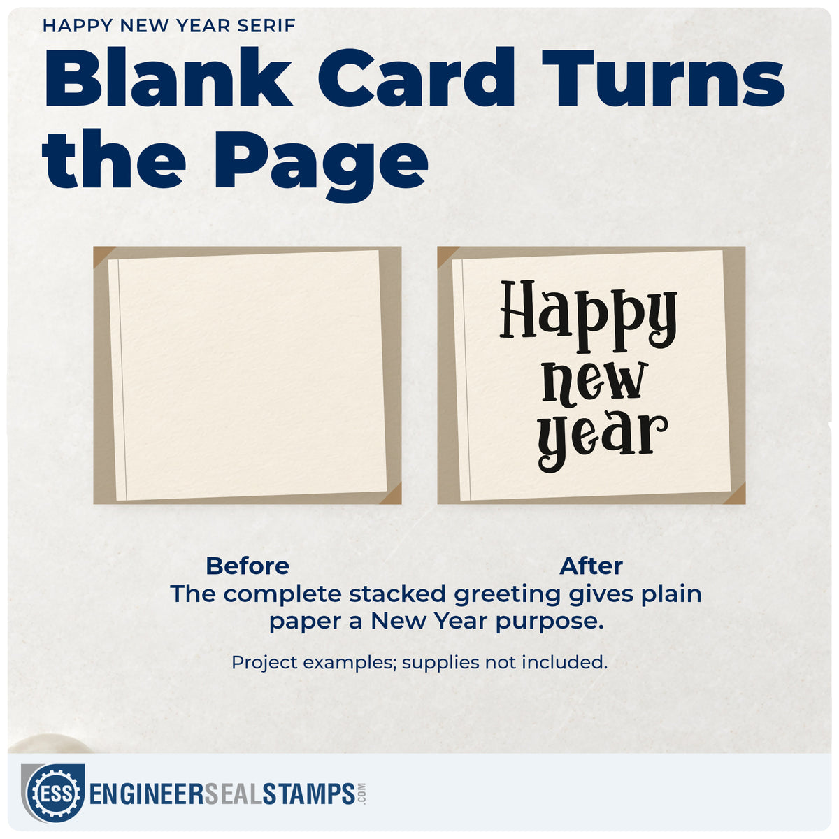 Before and after of a plain item finished with the Happy New Year Wood Handle Stamp, a quick upgrade for framed office entry.