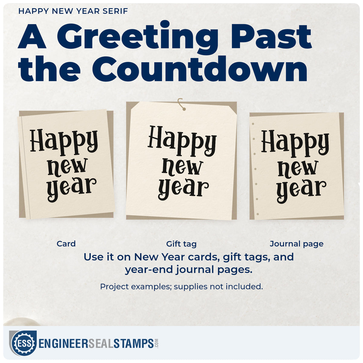 Three project examples made with the Happy New Year Stamp – PSI Pre-Inked, including resolution grid sheet.