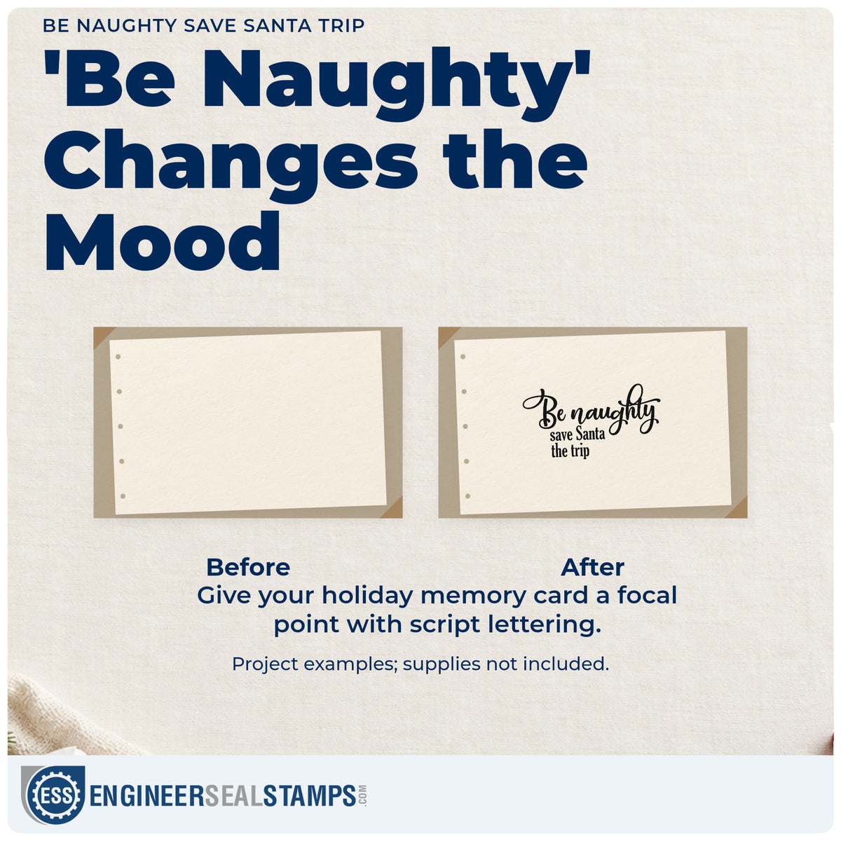 Before and after of a plain item finished with the Be Naughty Save Santa Trip Rubber Stamp – Wood Handle, a quick upgrade for framed powder shelf.