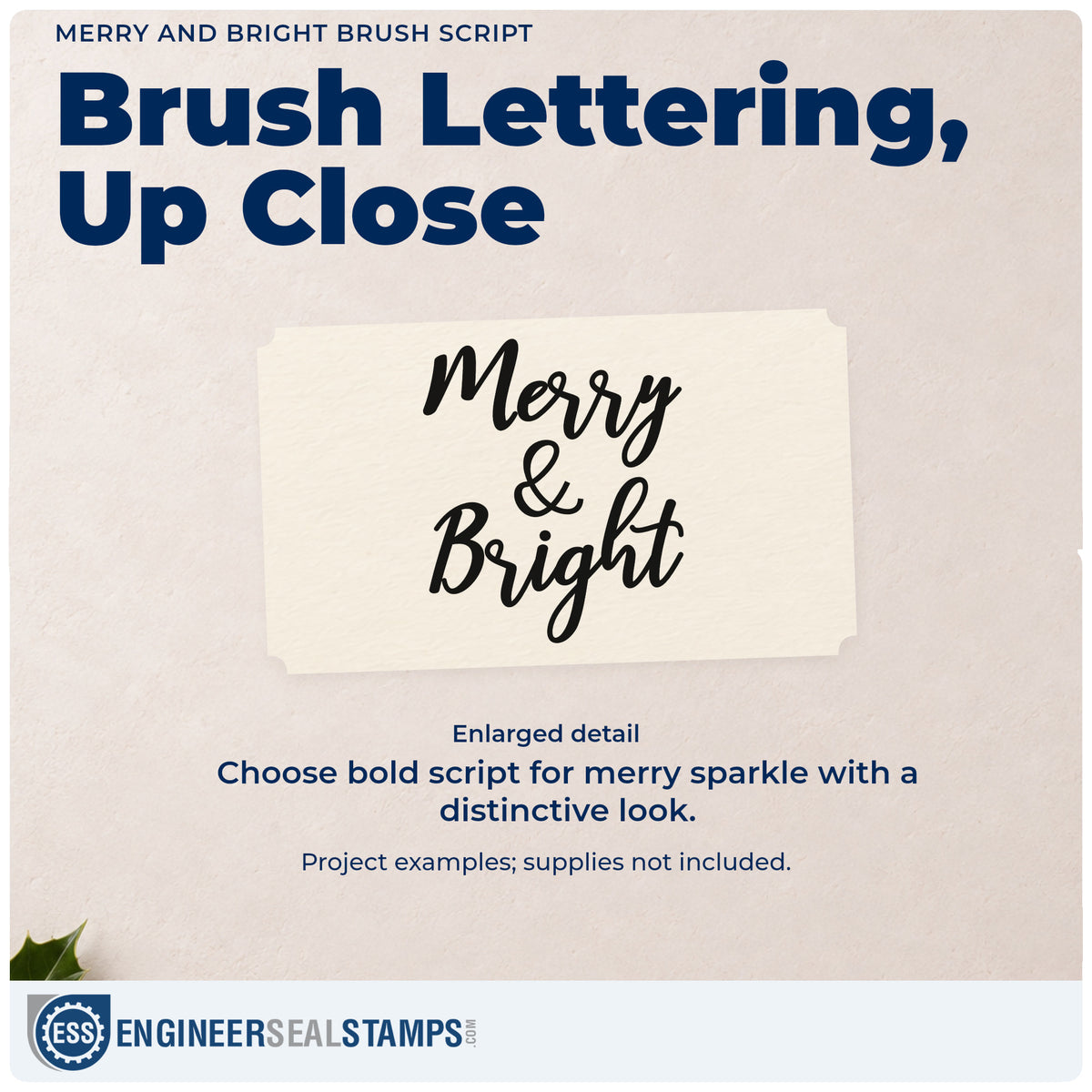Enlarged detail of the Merry And Bright Brush Script Lettering Self-Inking Stamp imprint. Three stacked rows of bold brush script read “Merry & Bright.”