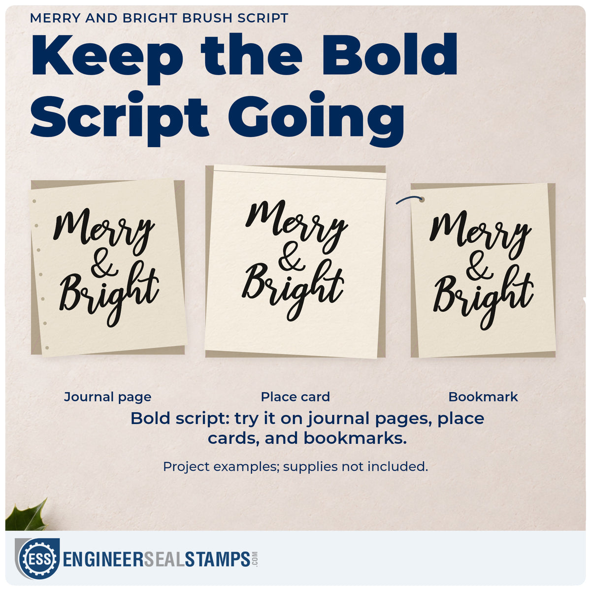 Three project examples made with the Merry And Bright Brush Script Lettering Slim Pre-Inked Stamp, including sign layout sheet.