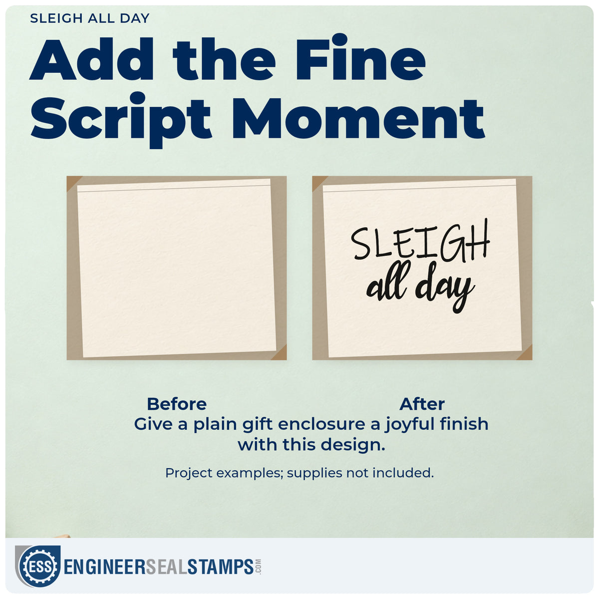 Before and after of a plain item finished with the Sleigh All Day Hand Stamp – Duo, a quick upgrade for framed vanity ledge.