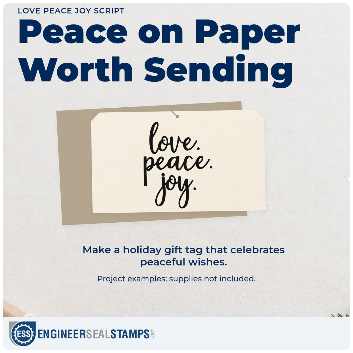 A finished handmade project stamped with the Love. Peace. Joy Self-Inking Stamp, ideal for triptych album page.