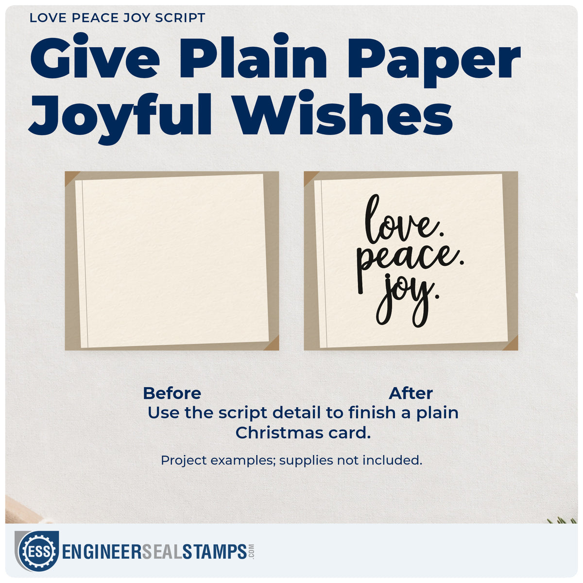 Before and after of a plain item finished with the Love. Peace. Joy Compact Pre-Inked Stamp – Slim, a quick upgrade for framed gallery row.