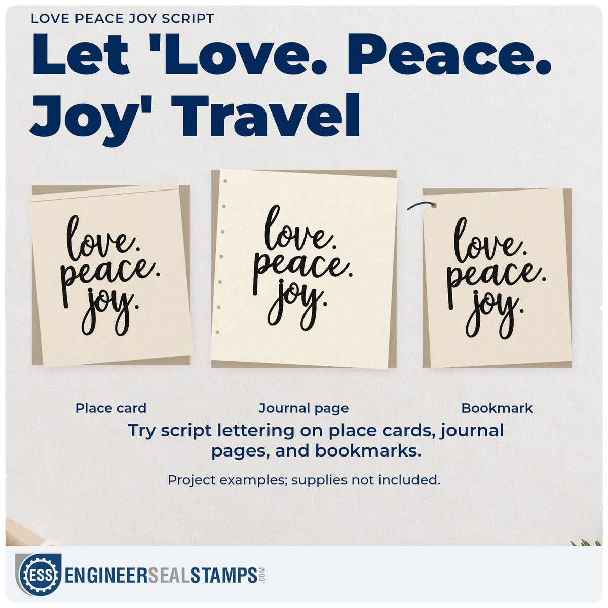 Three project examples made with the Love. Peace. Joy Self-Inking Stamp, including weekly theme sheet.