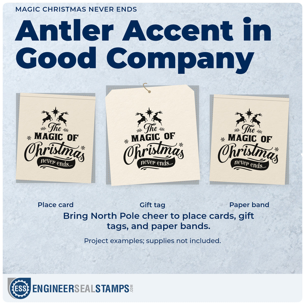 Three project examples made with the The Magic Of Christmas Never Ends Stamp – Self-Inking, including memory box sheet.