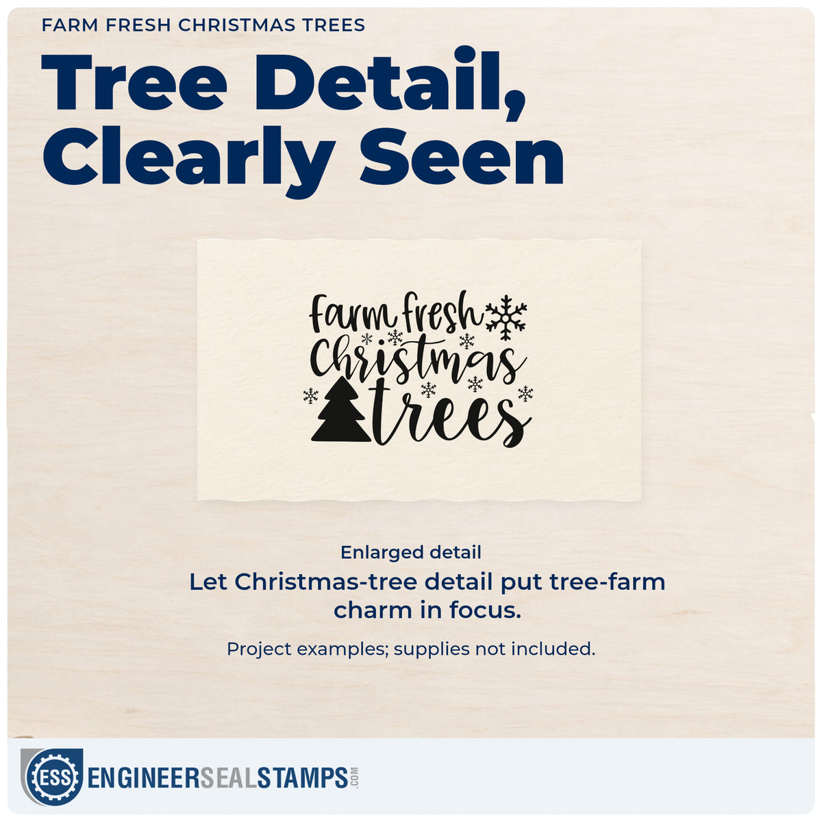 Enlarged detail of the Farm Fresh Christmas Trees Pine Motif Pre-Inked Stamp – PSI imprint. “Farm Fresh Christmas Trees” features a pine silhouette, snowflakes, and small stars.