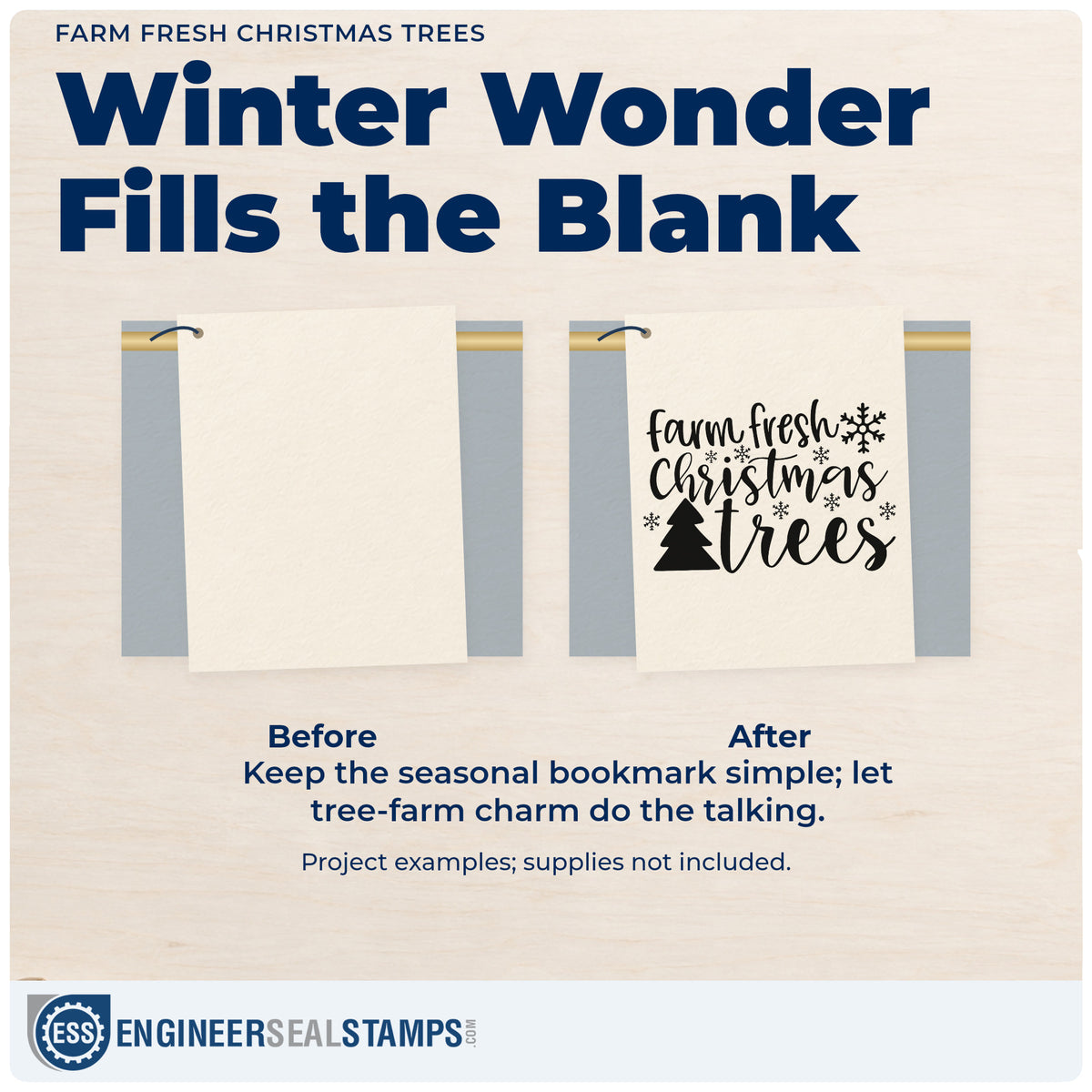Before and after of a plain item finished with the Farm Fresh Christmas Trees Pine Motif Pre-Inked Stamp – PSI, a quick upgrade for tree hunt scrapbooks.