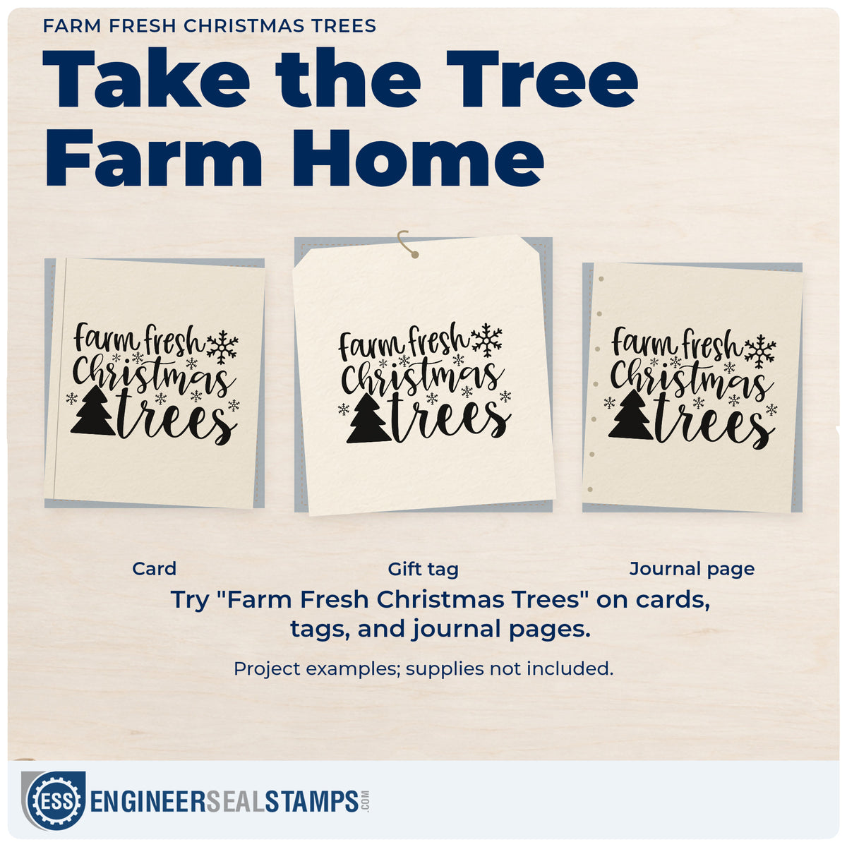 Three project examples made with the Farm Fresh Christmas Trees Pine Motif Pre-Inked Stamp – PSI, including holiday market bags.