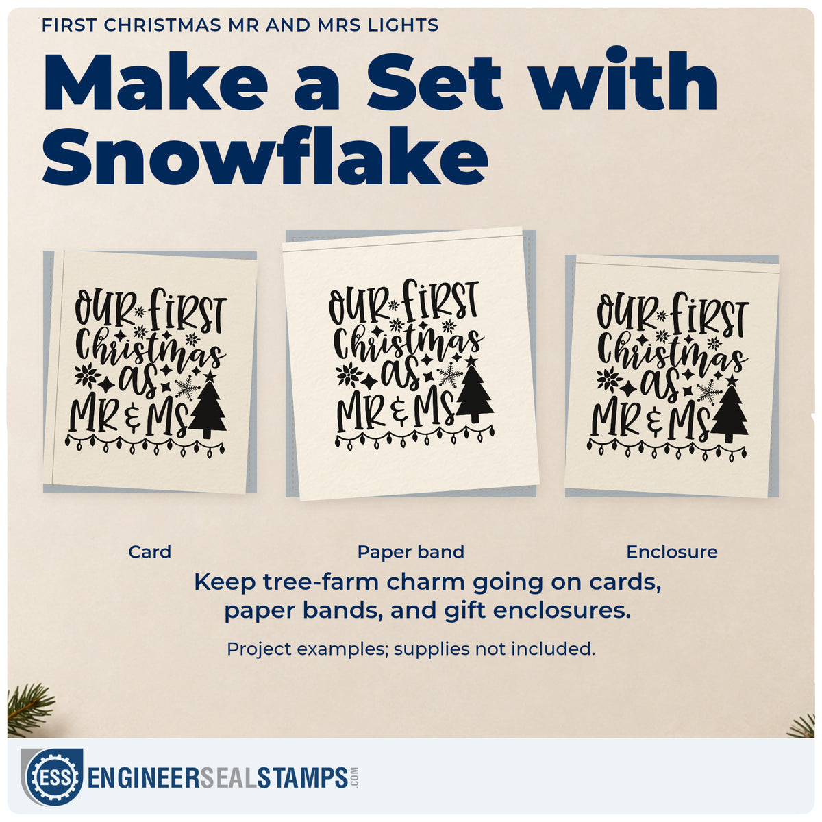 Three project examples made with the First Christmas Mr And Mrs Lights Wood-Mounted Rubber Stamp, including card list sheet.