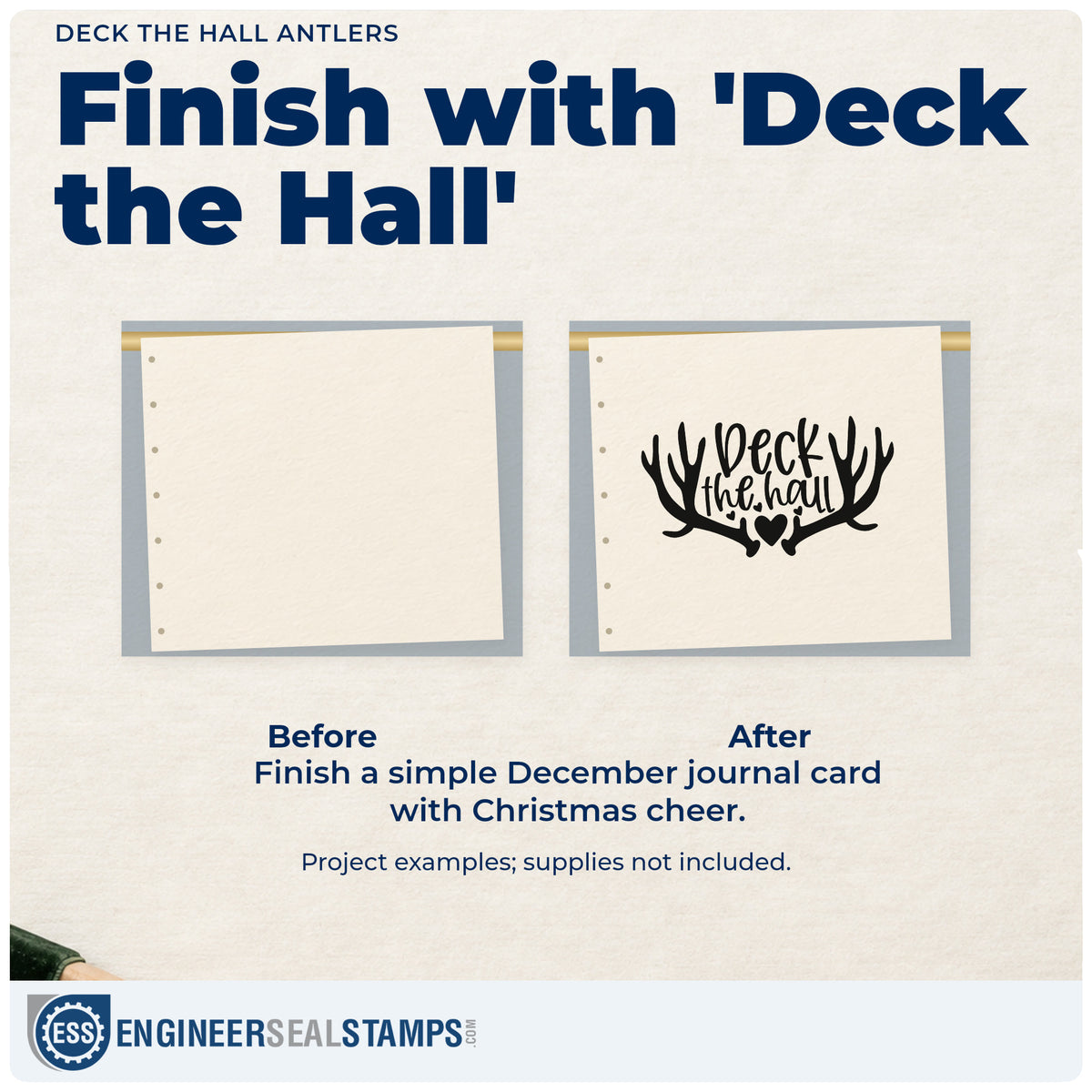 Before and after of a plain item finished with the Deck The Hall Antlers With Hearts Slim Pre-Inked Stamp, a quick upgrade for framed entry mirror.