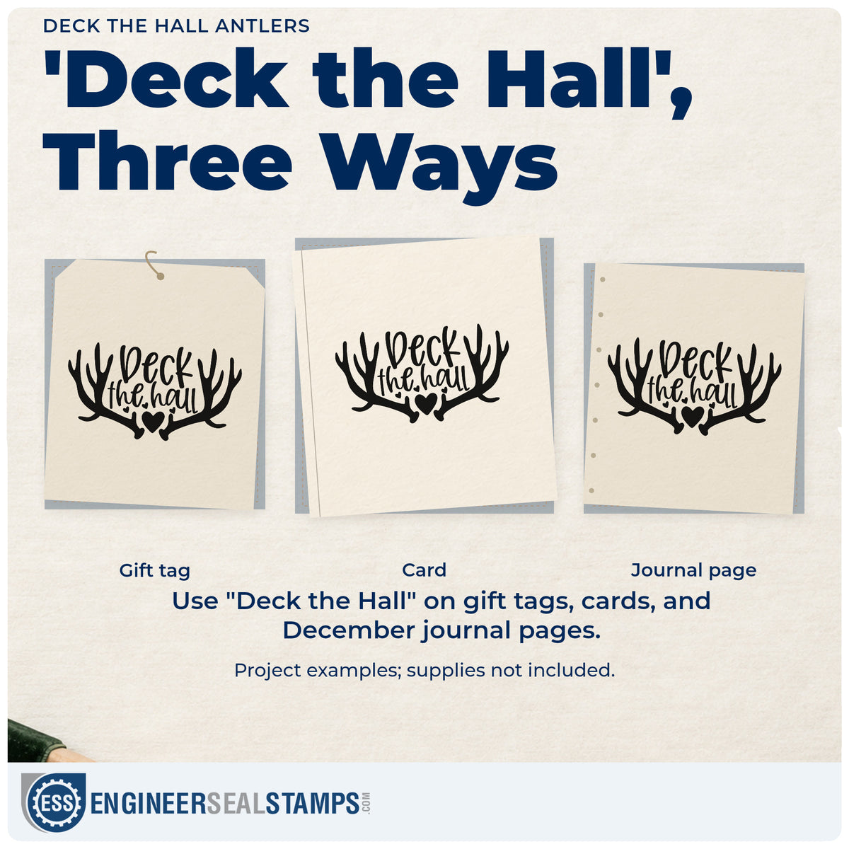 Three project examples made with the Deck The Hall Antlers With Hearts Pre-Inked Stamp – PSI, including decor order sheet.