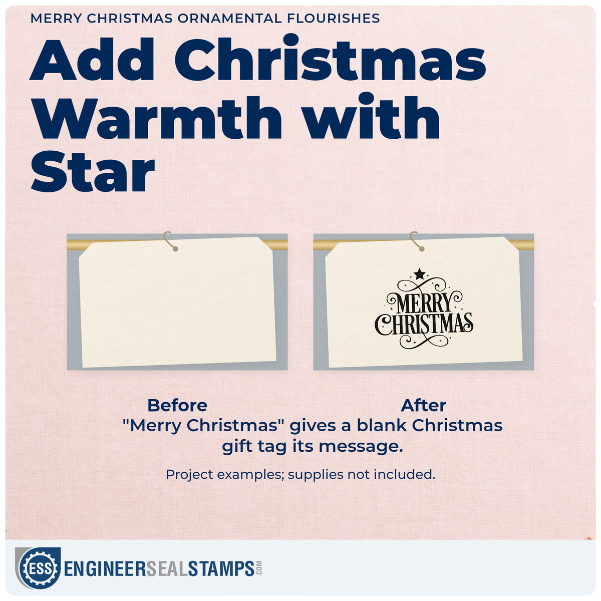 Before and after of a plain item finished with the Merry Christmas Ornamental Flourishes Stamp – Self-Inking, a quick upgrade for framed ballroom easel.