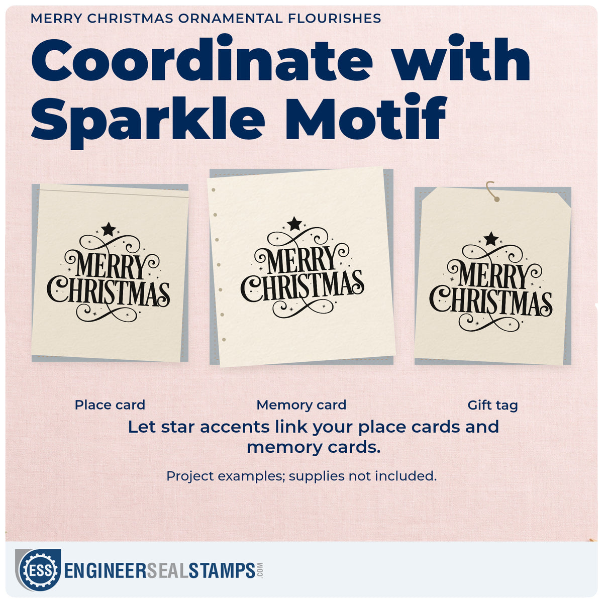 Three project examples made with the Merry Christmas Ornamental Flourishes Stamp – Self-Inking, including program cover header.