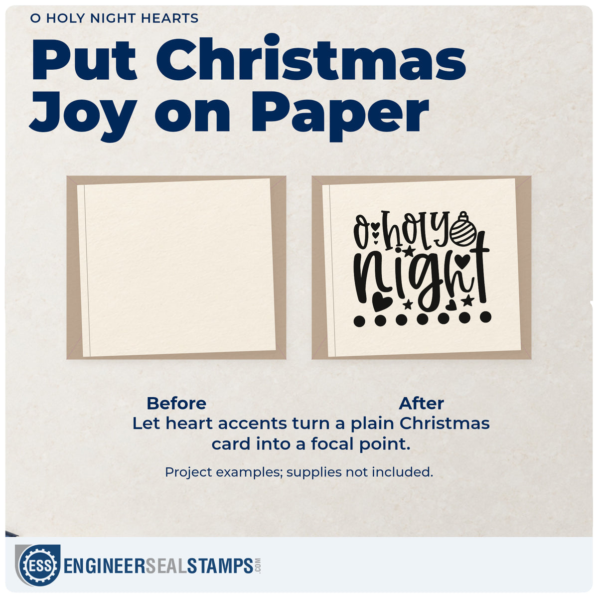 Before and after of a plain item finished with the Duo Hand O Holy Night Rubber Stamp, a quick upgrade for framed tree corner.