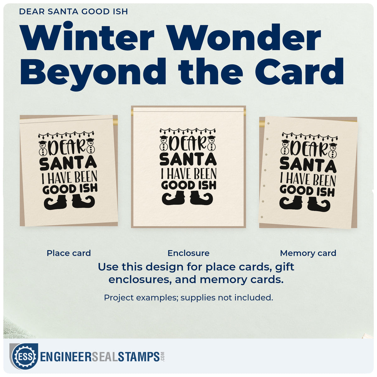 Three project examples made with the Dear Santa I Have Been Good Ish Stamp – Self-Inking, including white elephant labels.