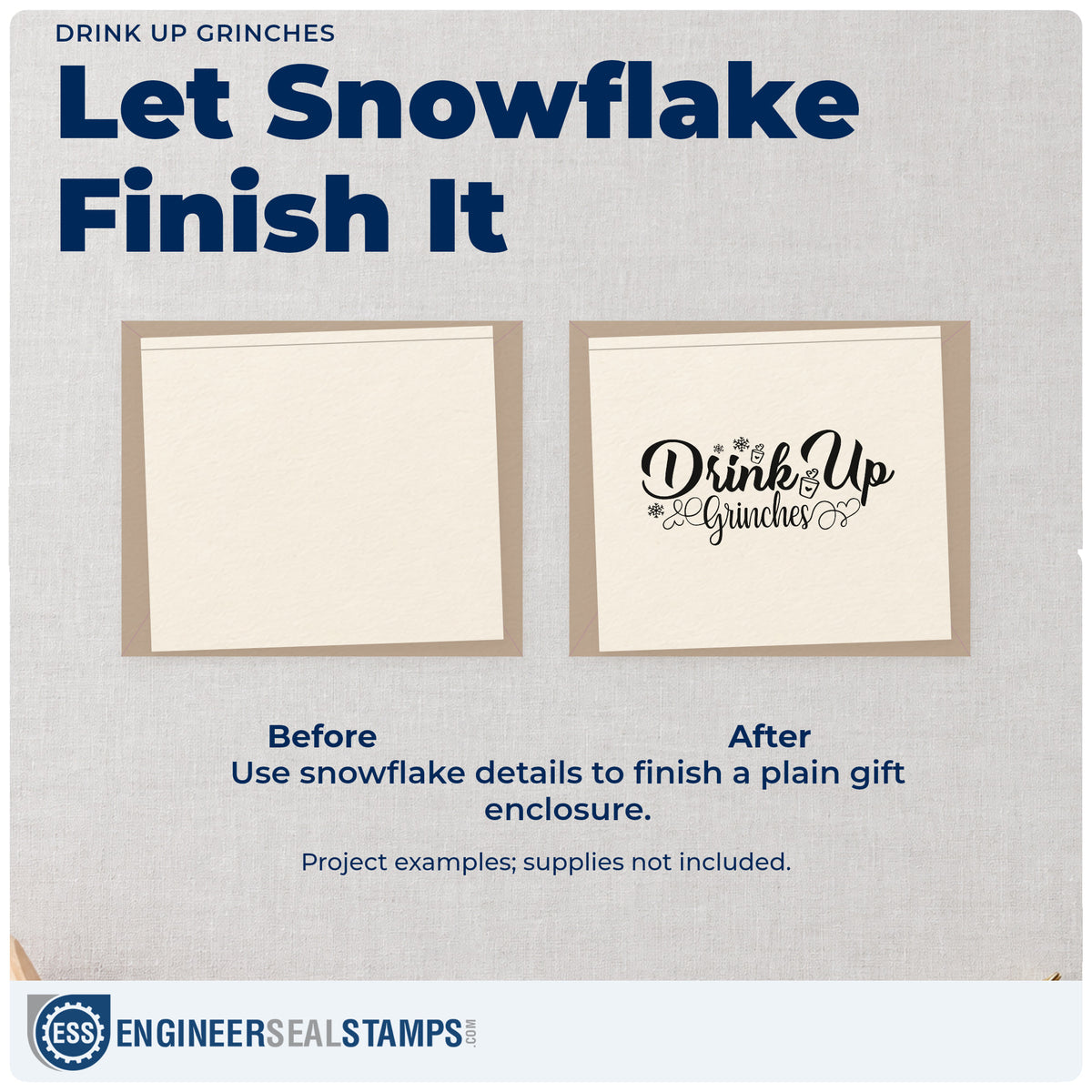 Before and after of a plain item finished with the Drink Up Grinches Premium Wooden Stamp – Vintage Pro, a quick upgrade for framed drinks corner.