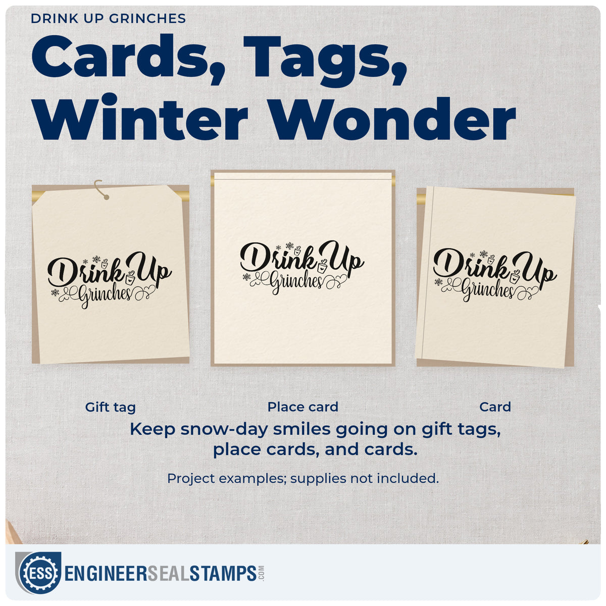 Three project examples made with the Drink Up Grinches Premium Wooden Stamp – Vintage Pro, including recipe batch sheet.