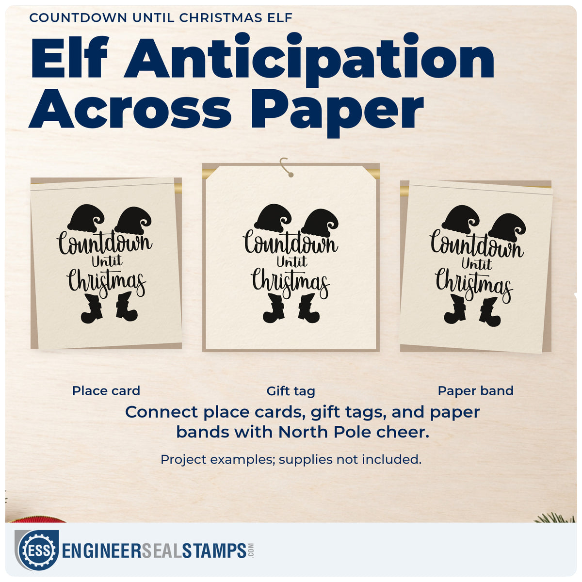 Three project examples made with the Countdown Until Christmas Elf Frame Accent PSI Pre-Inked Stamp, including days left sheet.