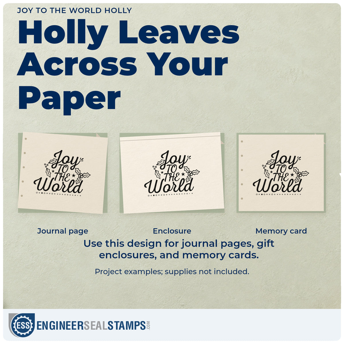 Three project examples made with the Joy To The World Holly Slim Pre-Inked Stamp, including attendance roll sheet.