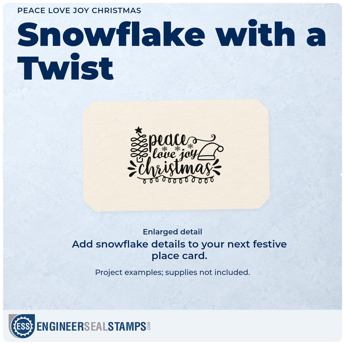 Enlarged detail of the Peace Love Joy Christmas Tree Motif Pre-Inked Stamp – PSI imprint. “Peace Love Joy Christmas” features a spiral tree, Santa hat, snowflakes, and a string of lights.