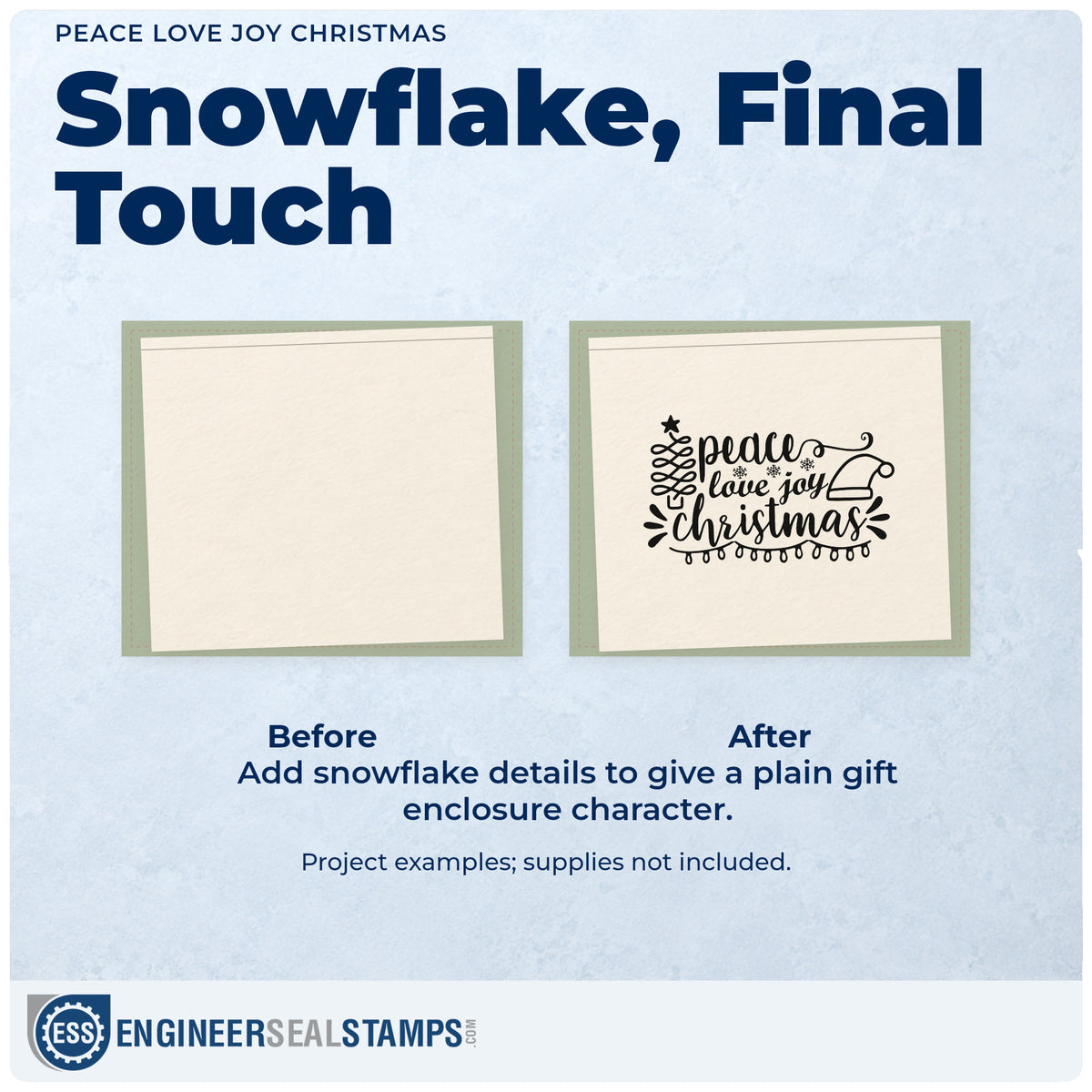 Before and after of a plain item finished with the Peace Love Joy Christmas Tree Motif Self-Inking Craft Stamp, a quick upgrade for framed bunk nook.