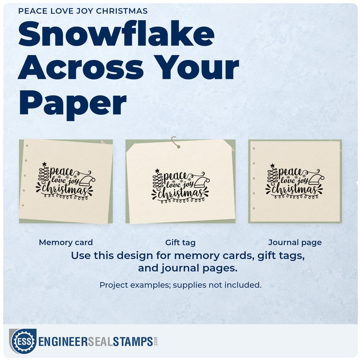 Three project examples made with the Peace Love Joy Christmas Tree Motif Self-Inking Craft Stamp, including chore reward sheet.