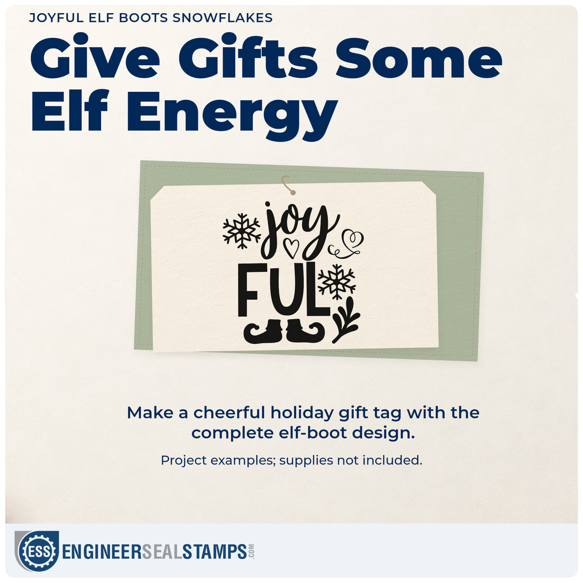 A finished handmade project stamped with the Joyful Elf Boots Snowflakes Rubber Stamp – Duo Hand, ideal for stacked album header.