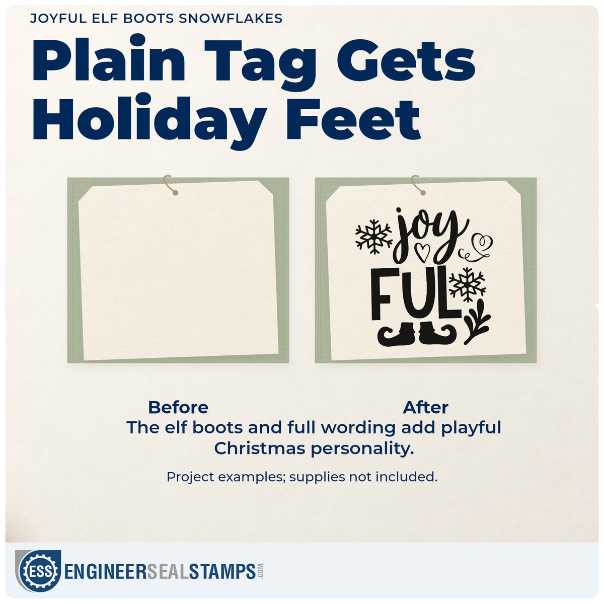 Before and after of a plain item finished with the Joyful Elf Boots Snowflakes Rubber Stamp – Duo Hand, a quick upgrade for framed shelf stack.