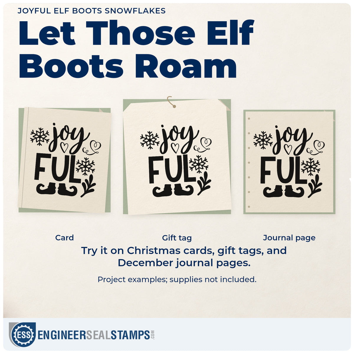 Three project examples made with the Joyful Elf Boots Snowflakes Stamp – Self-Inking, including section break sheet.