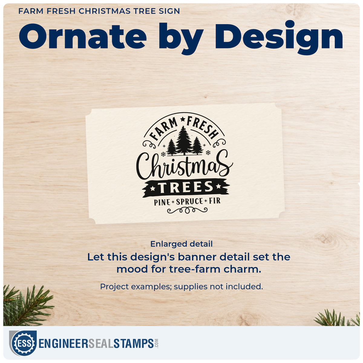 Enlarged detail of the Farm Fresh Christmas Tree Sign Ribbon Lettering Self-Inking Stamp imprint. “Farm Fresh Christmas Trees Pine Spruce Fir” forms a vintage-style sign with three trees and a banner.