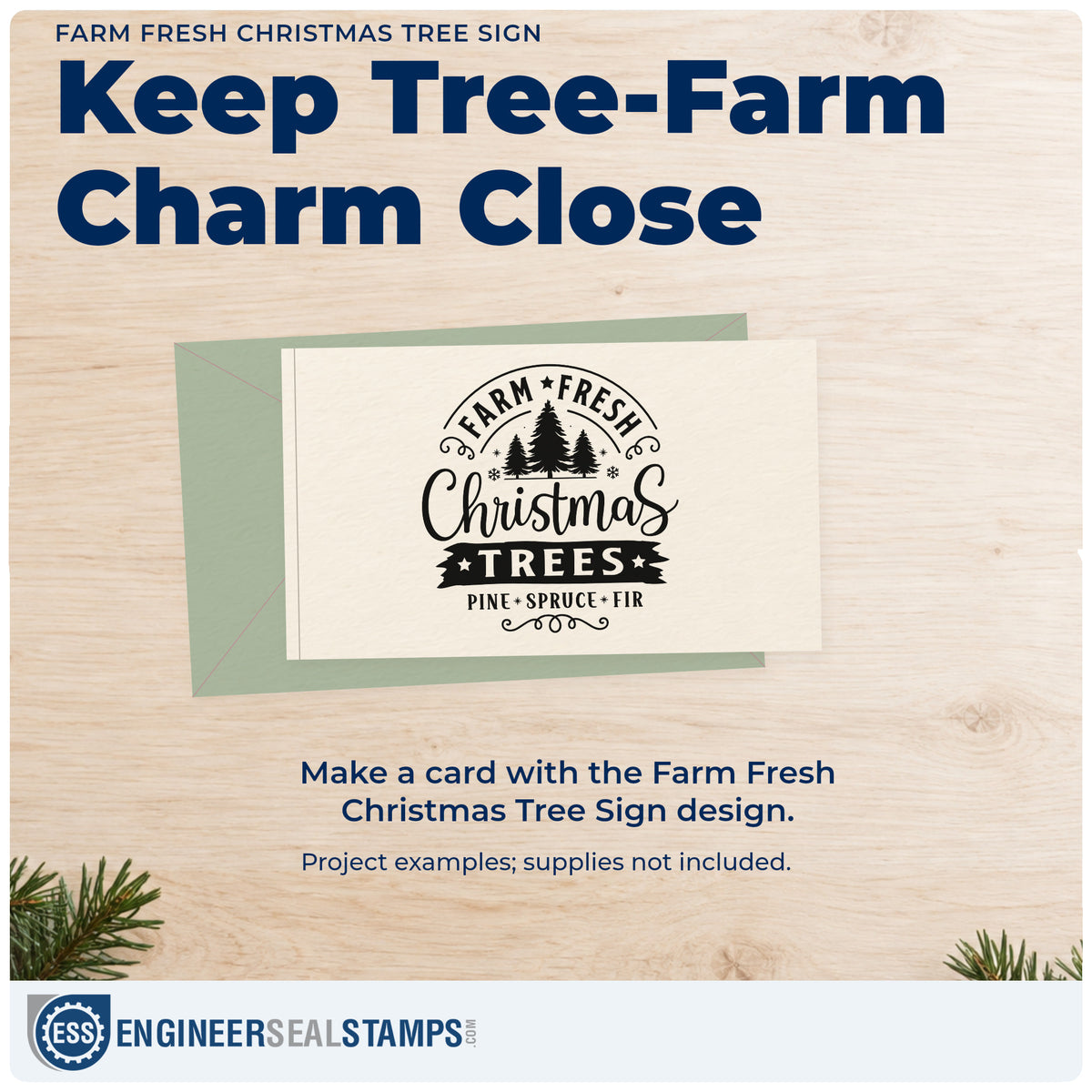 A finished handmade project stamped with the Duo Hand Farm Fresh Christmas Tree Sign Ribbon Lettering Rubber Stamp, ideal for porch decor album.