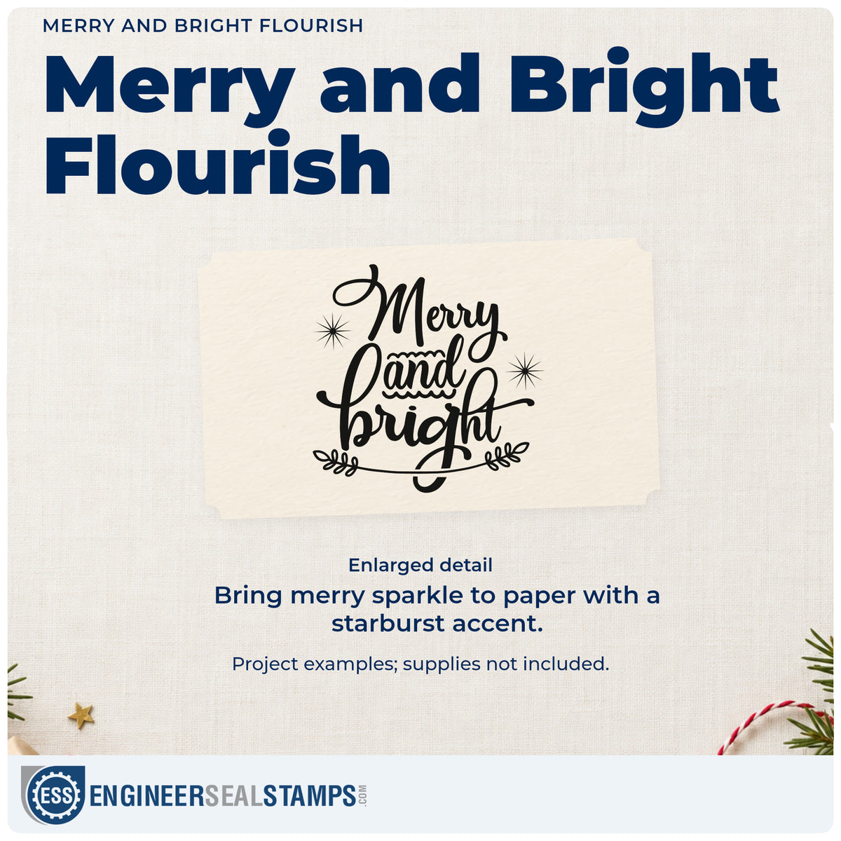 Enlarged detail of the Merry And Bright Flourish PSI Pre-Inked Stamp imprint. “Merry and Bright” features starbursts and a curved leafy underline.