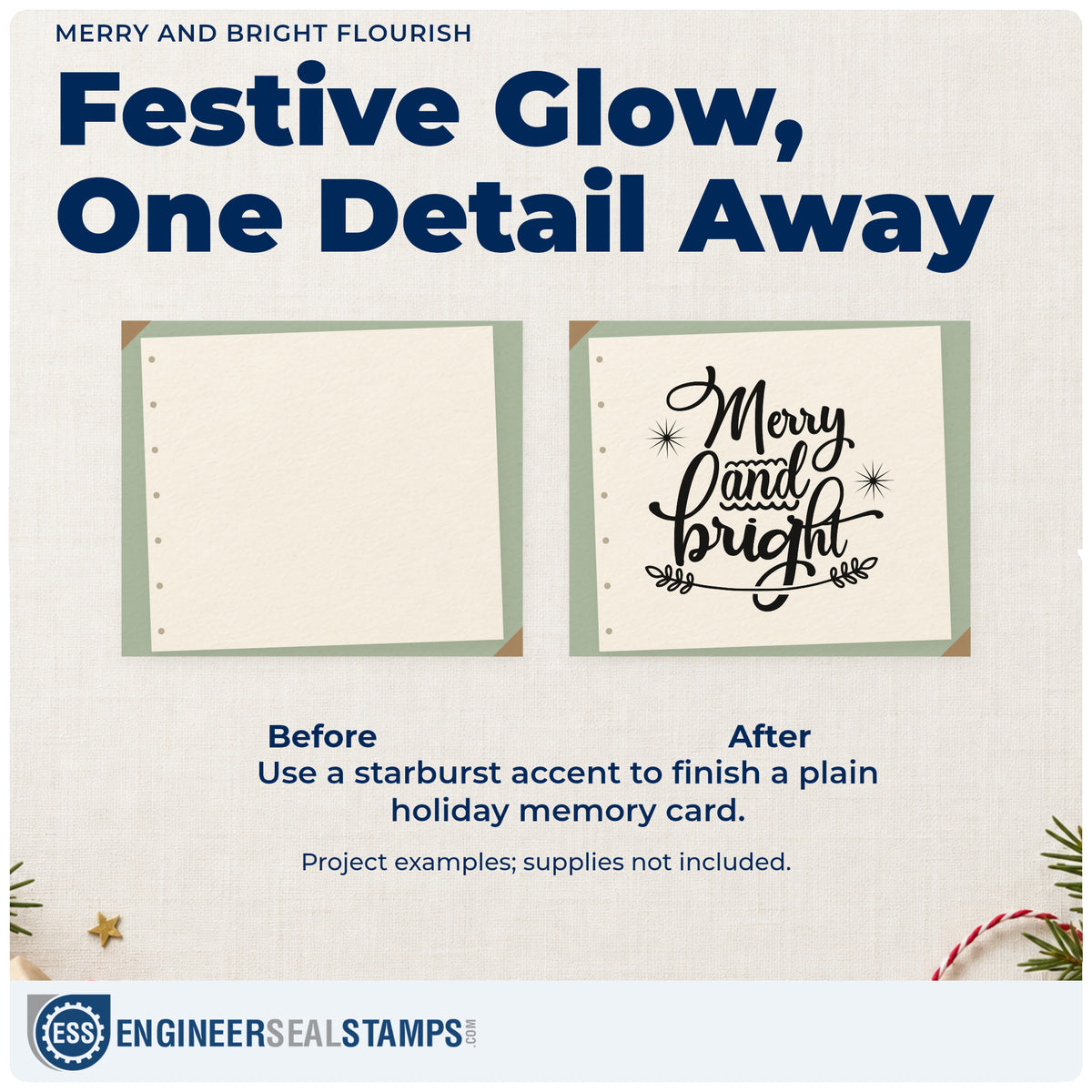 Before and after of a plain item finished with the Merry And Bright Flourish PSI Pre-Inked Stamp, a quick upgrade for framed metallic print.